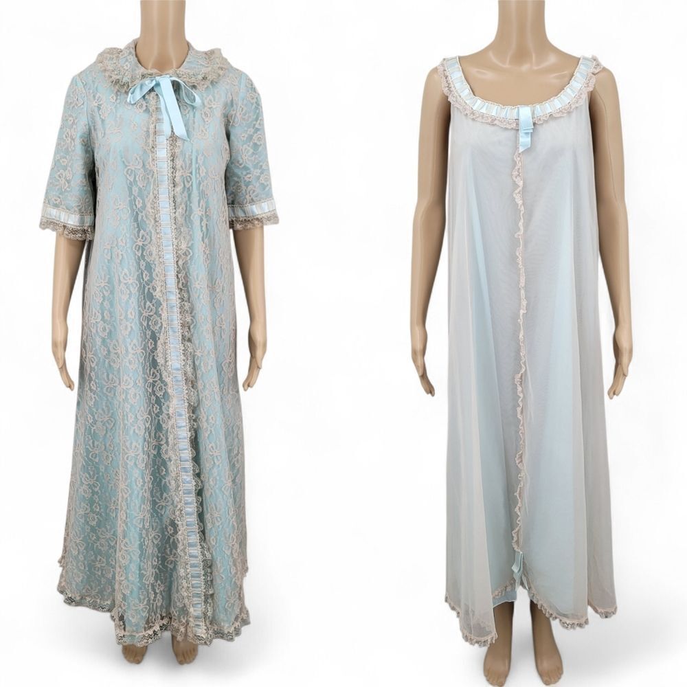 Odette Barsa Vintage Blue with Cream Lace Peignoir and Nightgown Matching Set